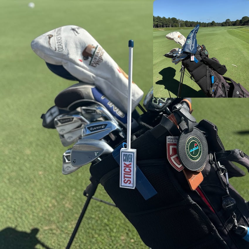 CoverStick golf headcover holder mounted on a stand bag on the course holding a driver headcover